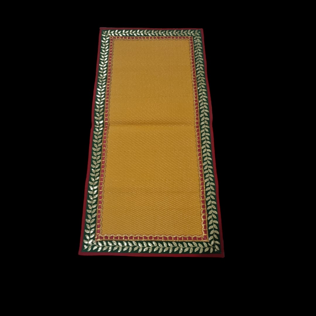 Light Orange Nylon Handmade Chatai/Mat with Red, Green & Golden sequins work on the Trim/Lace 48x24 (in inch)