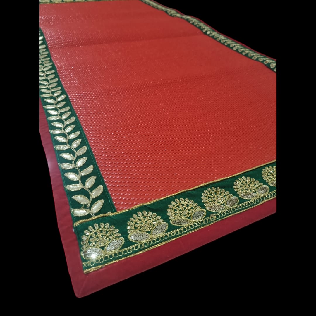 Red Nylon Handmade Chatai/Mat with Red, Green & Golden sequins work on the Trim/Lace 48x24 (in inch)