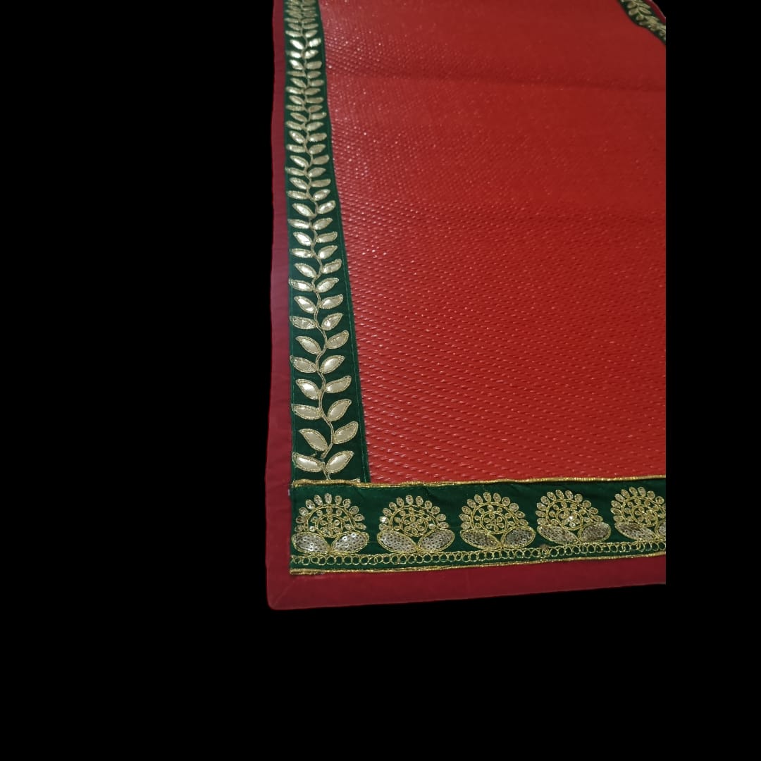 Red Nylon Handmade Chatai/Mat with Red, Green & Golden sequins work on the Trim/Lace 48x24 (in inch)