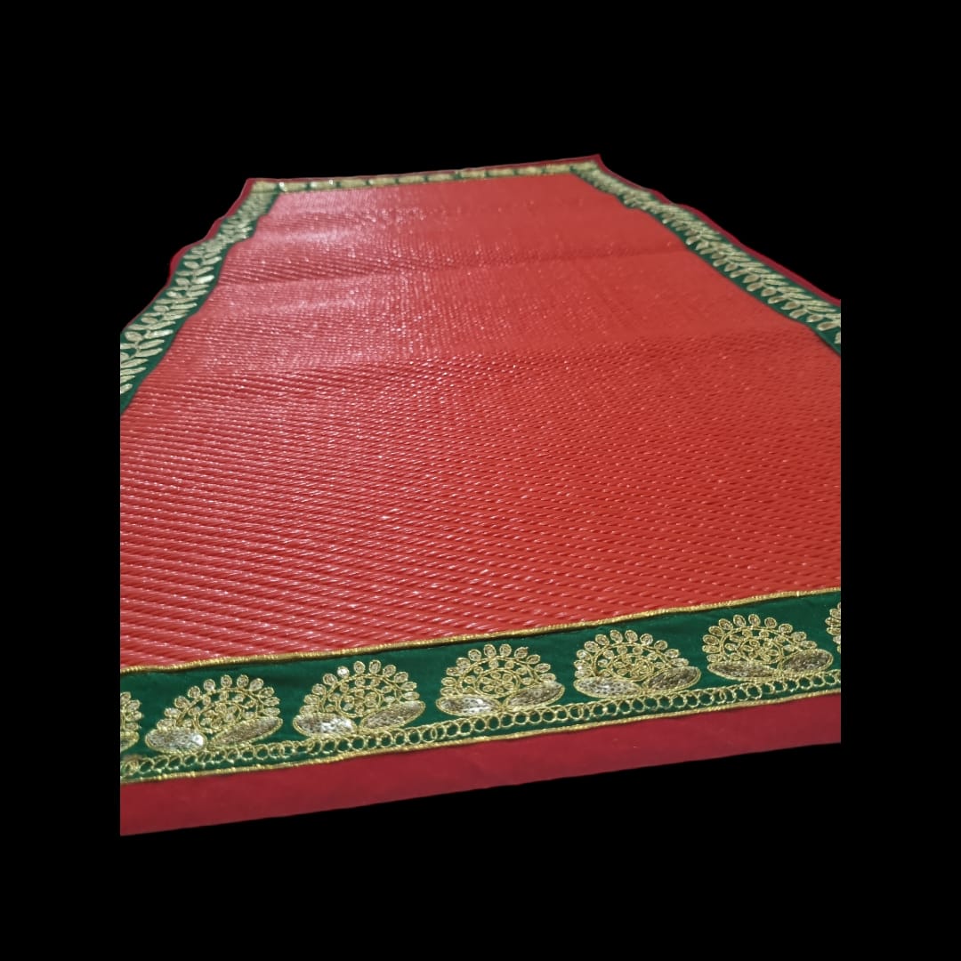 Red Nylon Handmade Chatai/Mat with Red, Green & Golden sequins work on the Trim/Lace 48x24 (in inch)