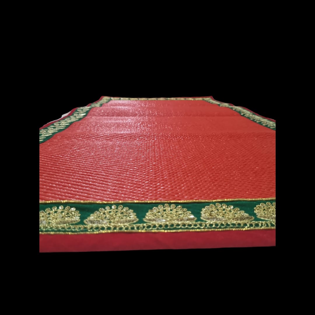 Red Nylon Handmade Chatai/Mat with Red, Green & Golden sequins work on the Trim/Lace 48x24 (in inch)