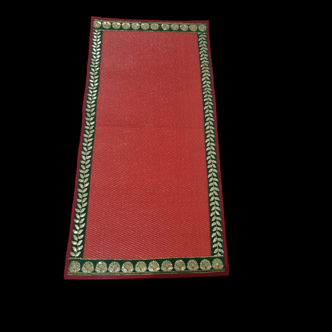 Red Nylon Handmade Chatai/Mat with Red, Green & Golden sequins work on the Trim/Lace 48x24 (in inch)