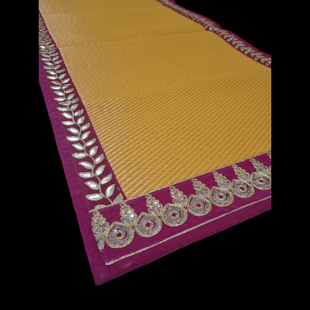 Light Orange Nylon Handmade Chatai/Mat with Pink & Golden sequins work on the Trim/Lace 48x24 (in inch)