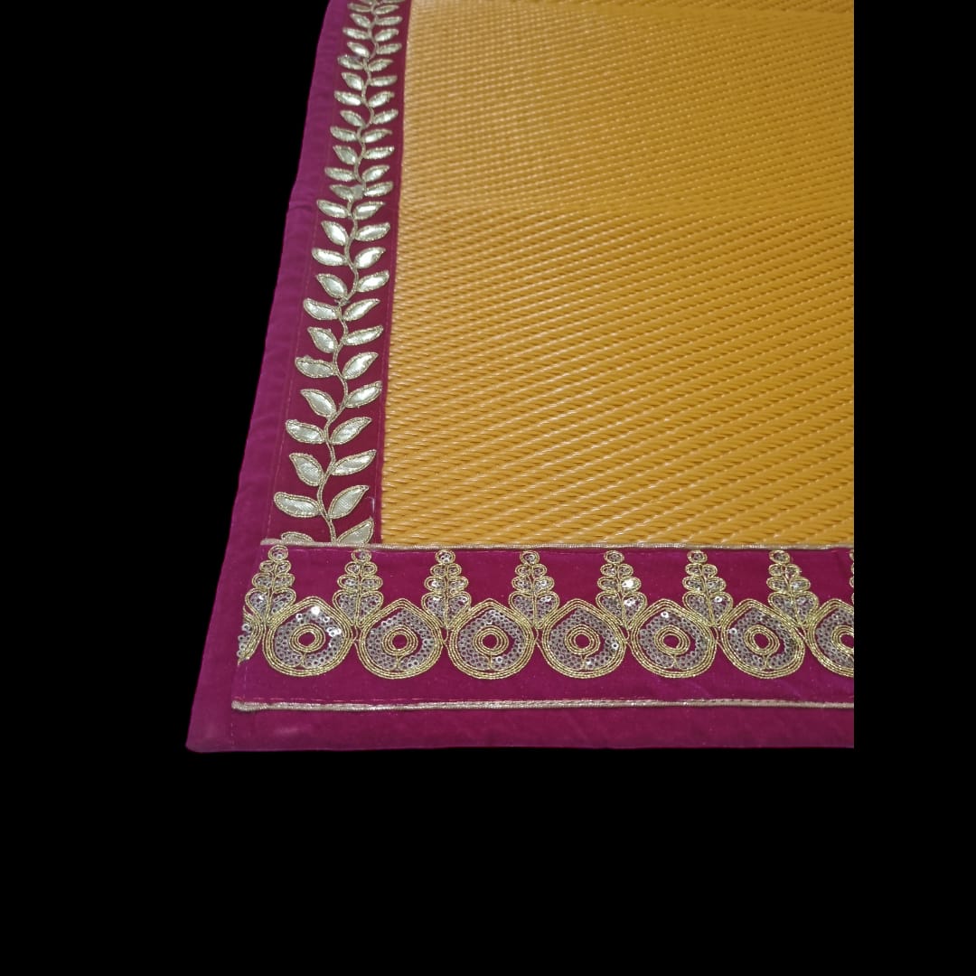 Light Orange Nylon Handmade Chatai/Mat with Pink & Golden sequins work on the Trim/Lace 48x24 (in inch)