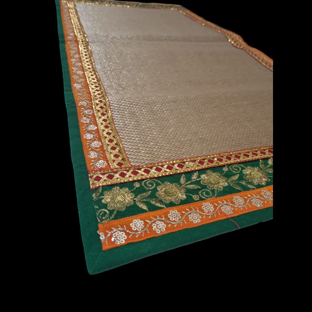 Golden Nylon Handmade Chatai/Mat with Green, Orange, Red & Golden sequins work on the Trim/Lace 48x24 (in inch)