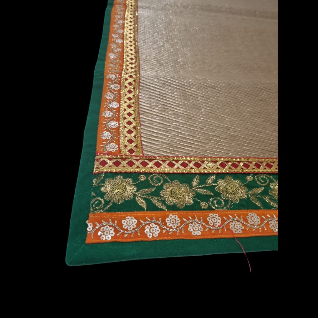 Golden Nylon Handmade Chatai/Mat with Green, Orange, Red & Golden sequins work on the Trim/Lace 48x24 (in inch)