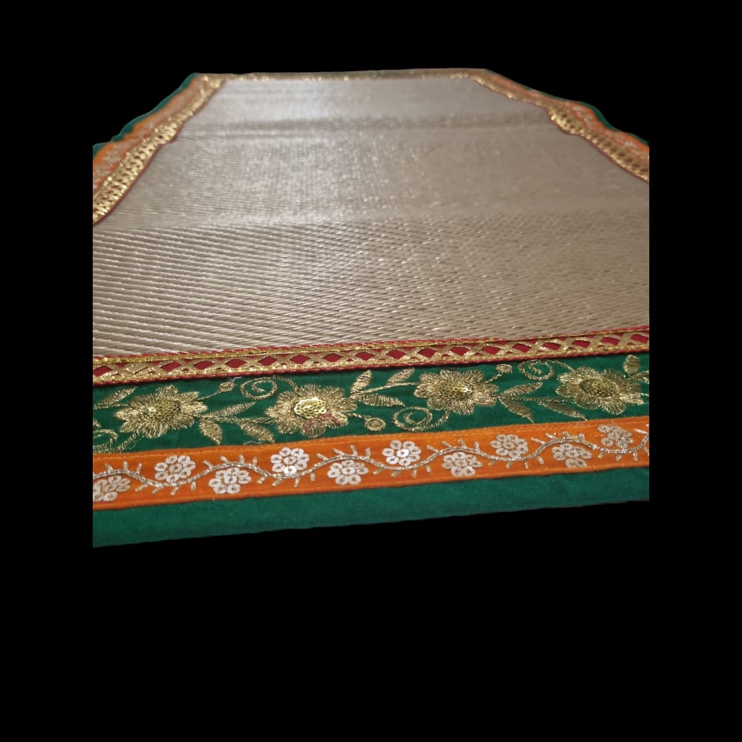 Golden Nylon Handmade Chatai/Mat with Green, Orange, Red & Golden sequins work on the Trim/Lace 48x24 (in inch)