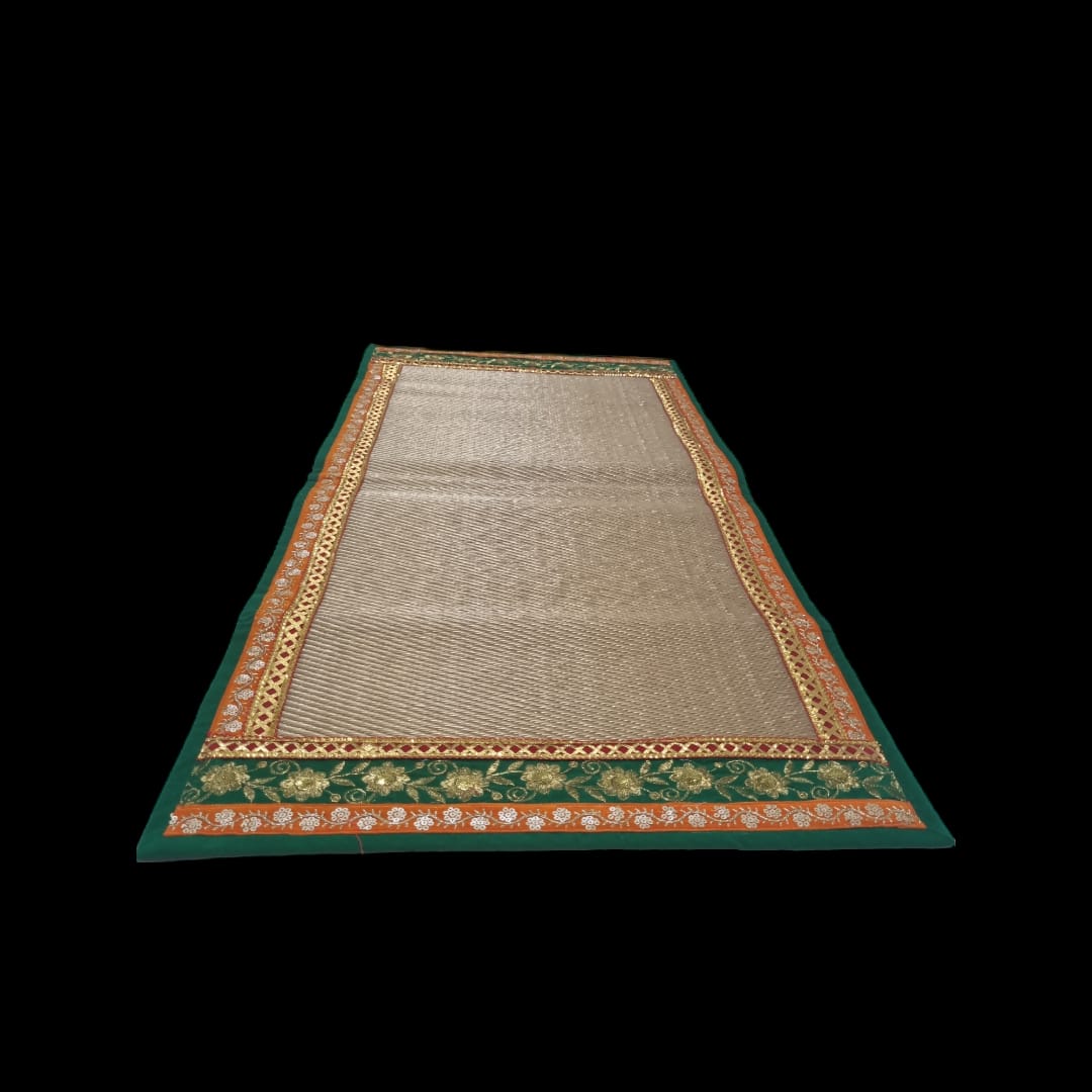 Golden Nylon Handmade Chatai/Mat with Green, Orange, Red & Golden sequins work on the Trim/Lace 48x24 (in inch)