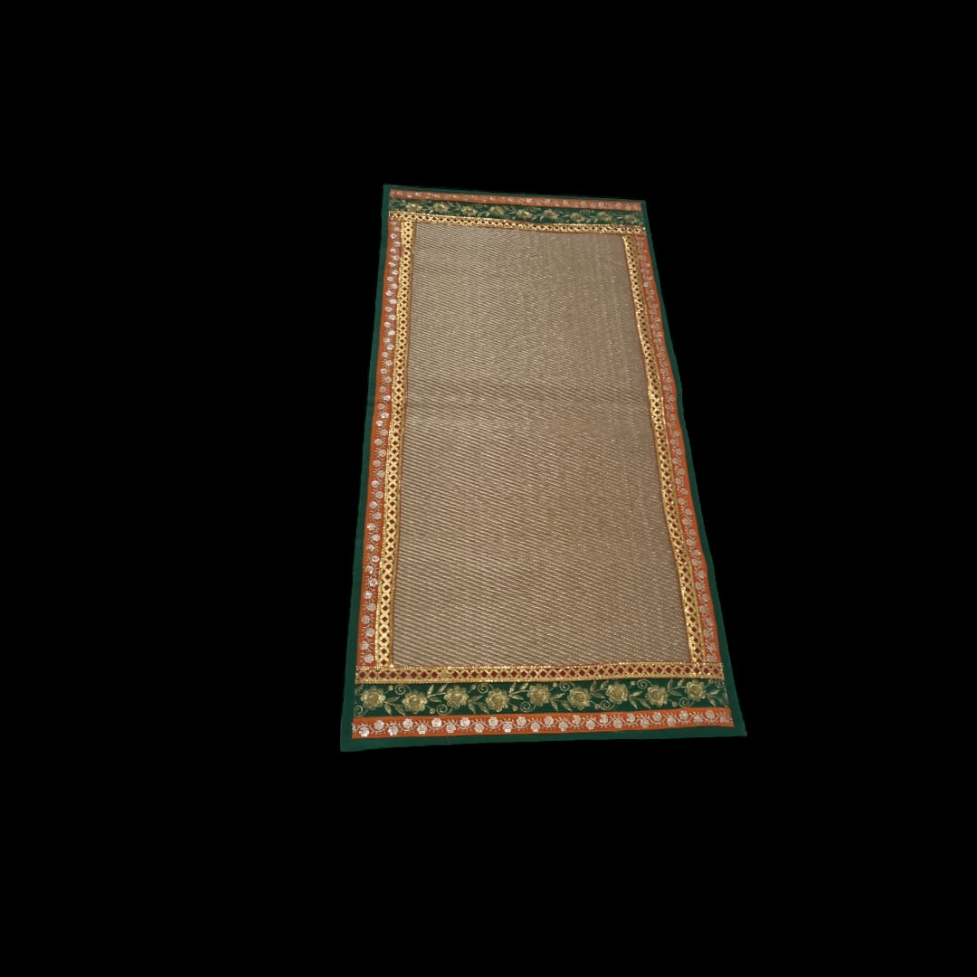 Golden Nylon Handmade Chatai/Mat with Green, Orange, Red & Golden sequins work on the Trim/Lace 48x24 (in inch)