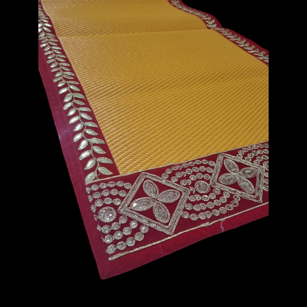 Yellow Nylon Handmade Chatai/Mat with Red & Golden sequins work on the Trim/Lace 48x24 (in inch)