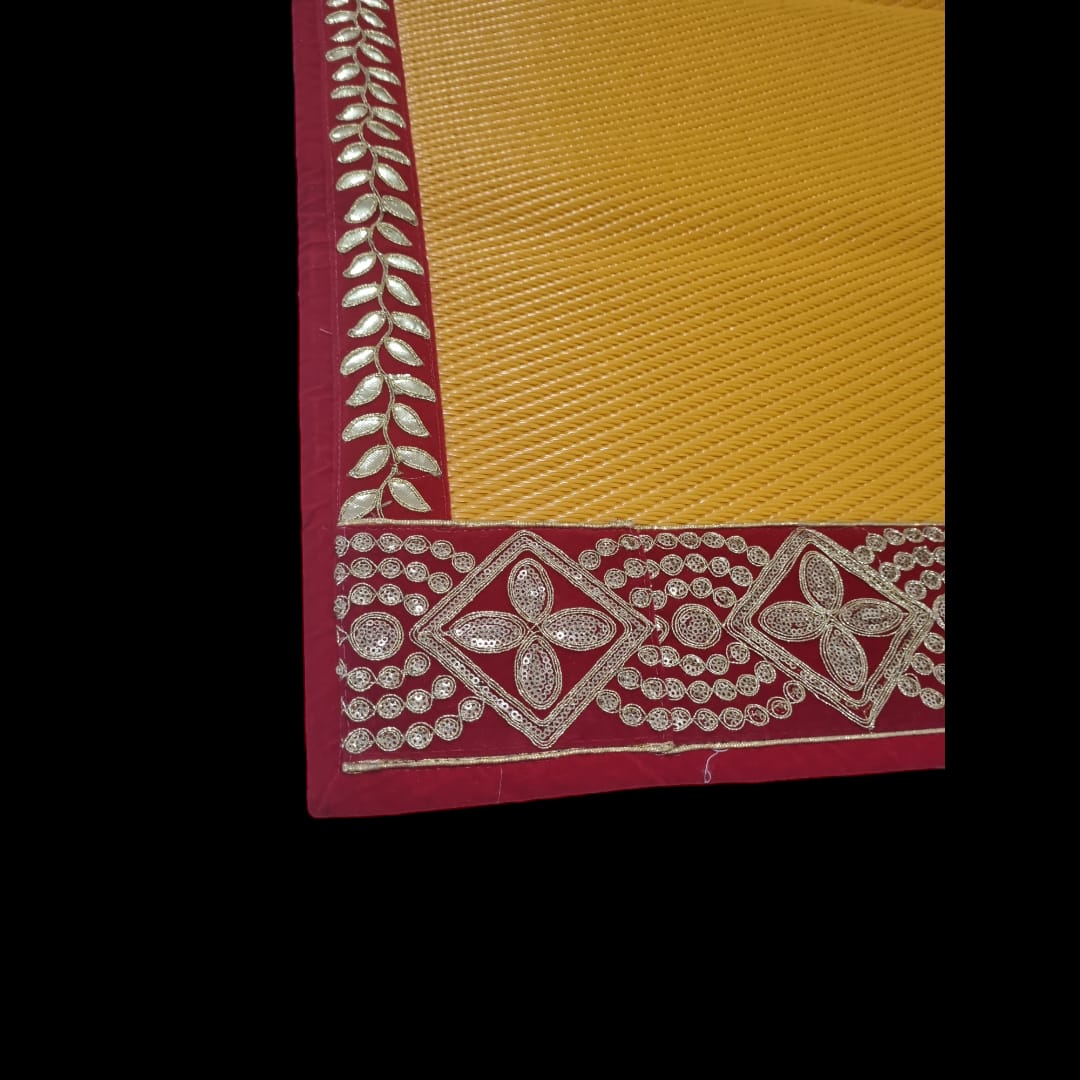 Yellow Nylon Handmade Chatai/Mat with Red & Golden sequins work on the Trim/Lace 48x24 (in inch)