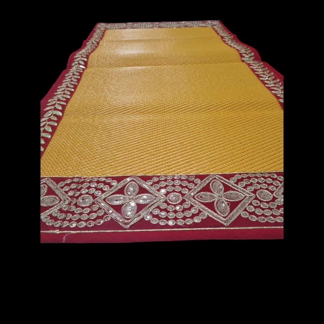 Yellow Nylon Handmade Chatai/Mat with Red & Golden sequins work on the Trim/Lace 48x24 (in inch)