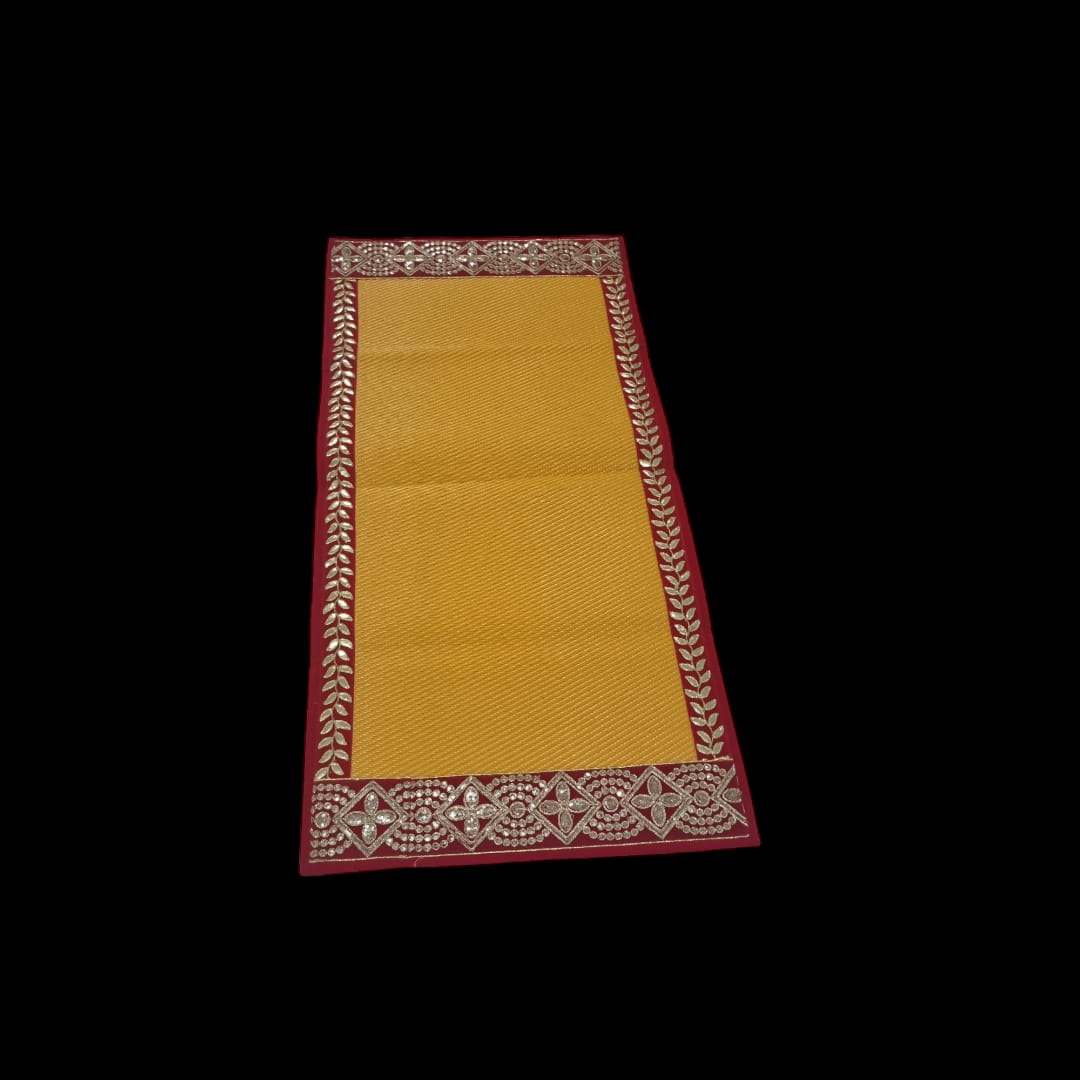 Yellow Nylon Handmade Chatai/Mat with Red & Golden sequins work on the Trim/Lace 48x24 (in inch)