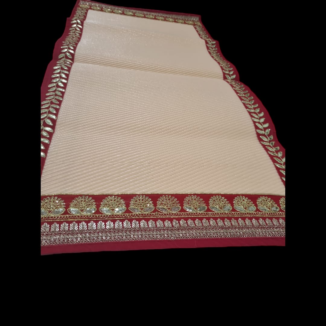 Peach Nylon Handmade Chatai/Mat with Red & Golden sequins work on the Trim/Lace 48x24 (in inch)