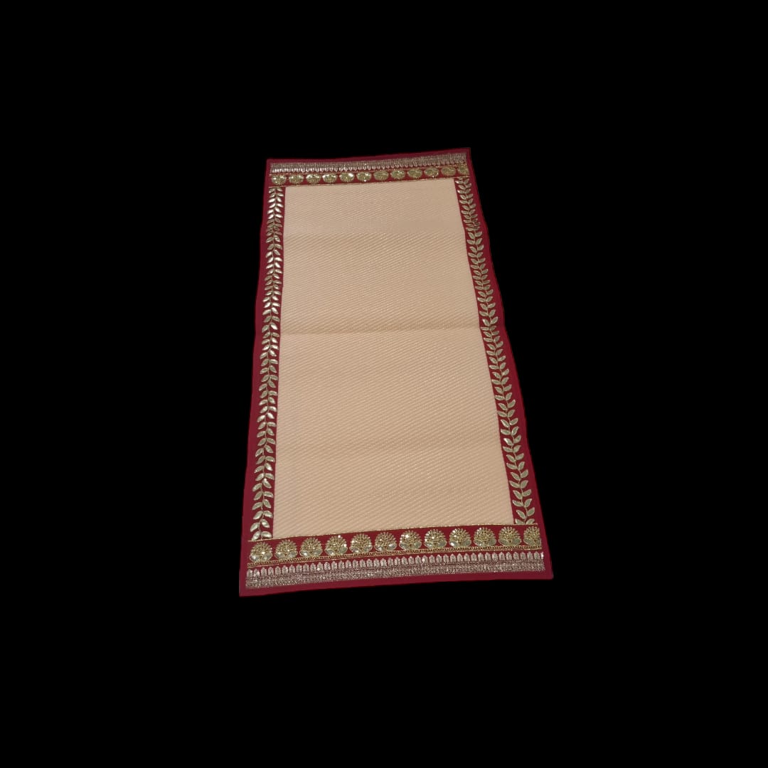 Peach Nylon Handmade Chatai/Mat with Red & Golden sequins work on the Trim/Lace 48x24 (in inch)