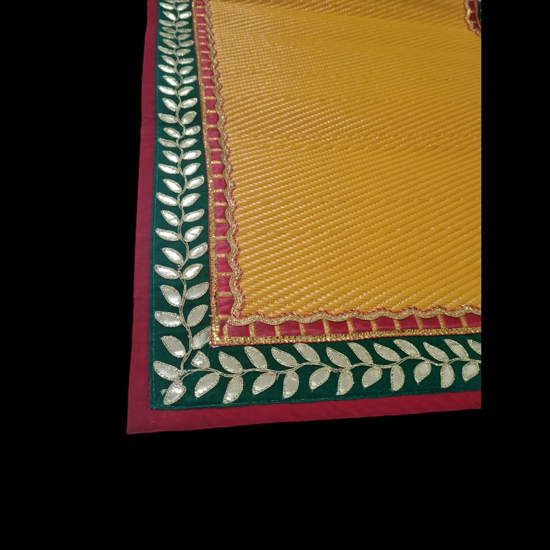 Yellow Nylon Handmade Chatai/Mat with Red, Green & Golden sequins work on the Trim/Lace 48x24 (in inch)