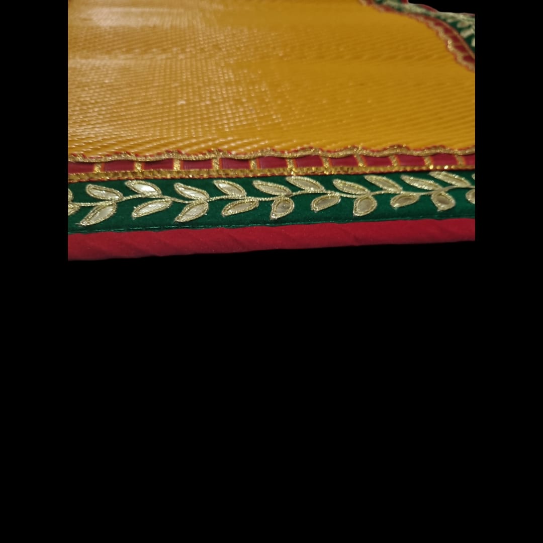 Yellow Nylon Handmade Chatai/Mat with Red, Green & Golden sequins work on the Trim/Lace 48x24 (in inch)