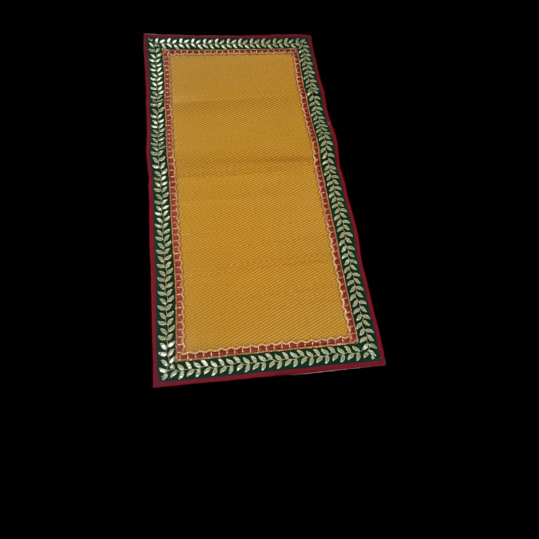 Yellow Nylon Handmade Chatai/Mat with Red, Green & Golden sequins work on the Trim/Lace 48x24 (in inch)