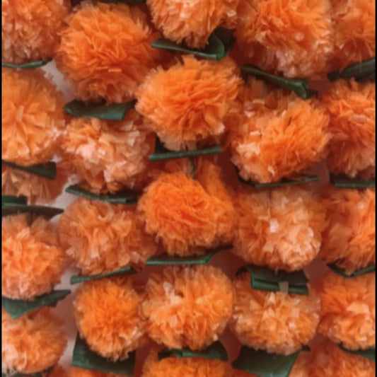Artificial Marigold Fluffy Flowers Garlands For Decoration – Pack Of 5 (Orange With Green Leaves)