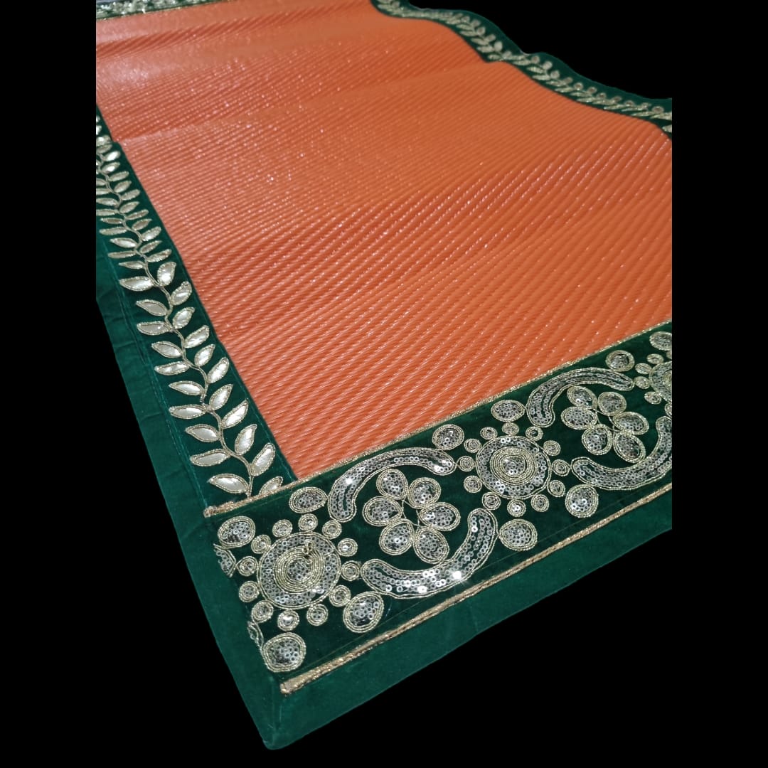 Orange Nylon Handmade Chatai/Mat with Green & Golden sequins work on the Trim/Lace 48x24 (in inch)