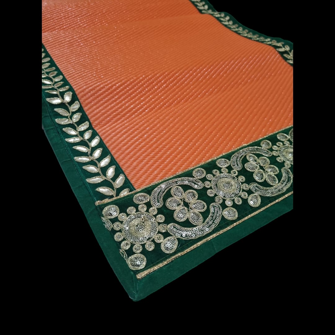 Orange Nylon Handmade Chatai/Mat with Green & Golden sequins work on the Trim/Lace 48x24 (in inch)