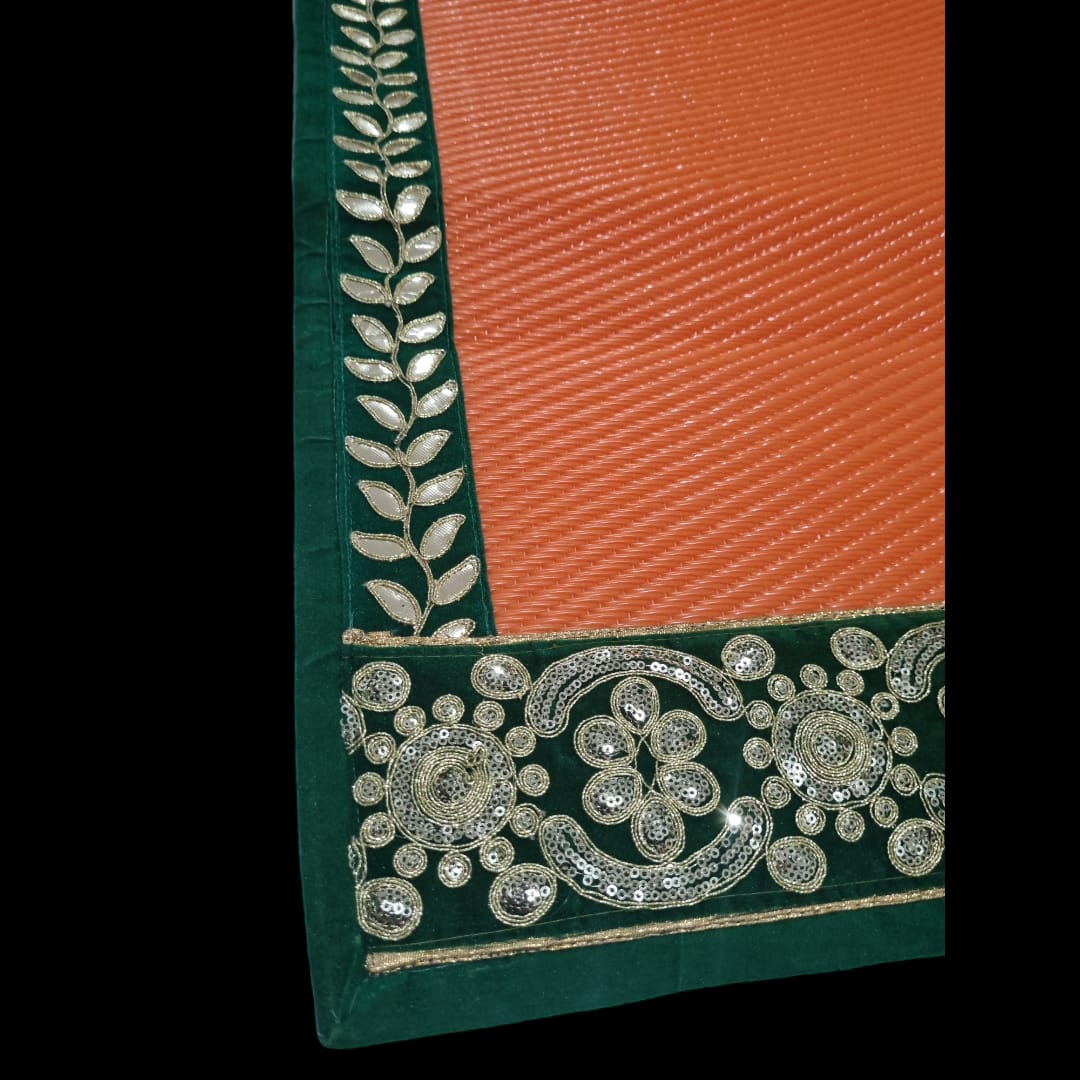 Orange Nylon Handmade Chatai/Mat with Green & Golden sequins work on the Trim/Lace 48x24 (in inch)