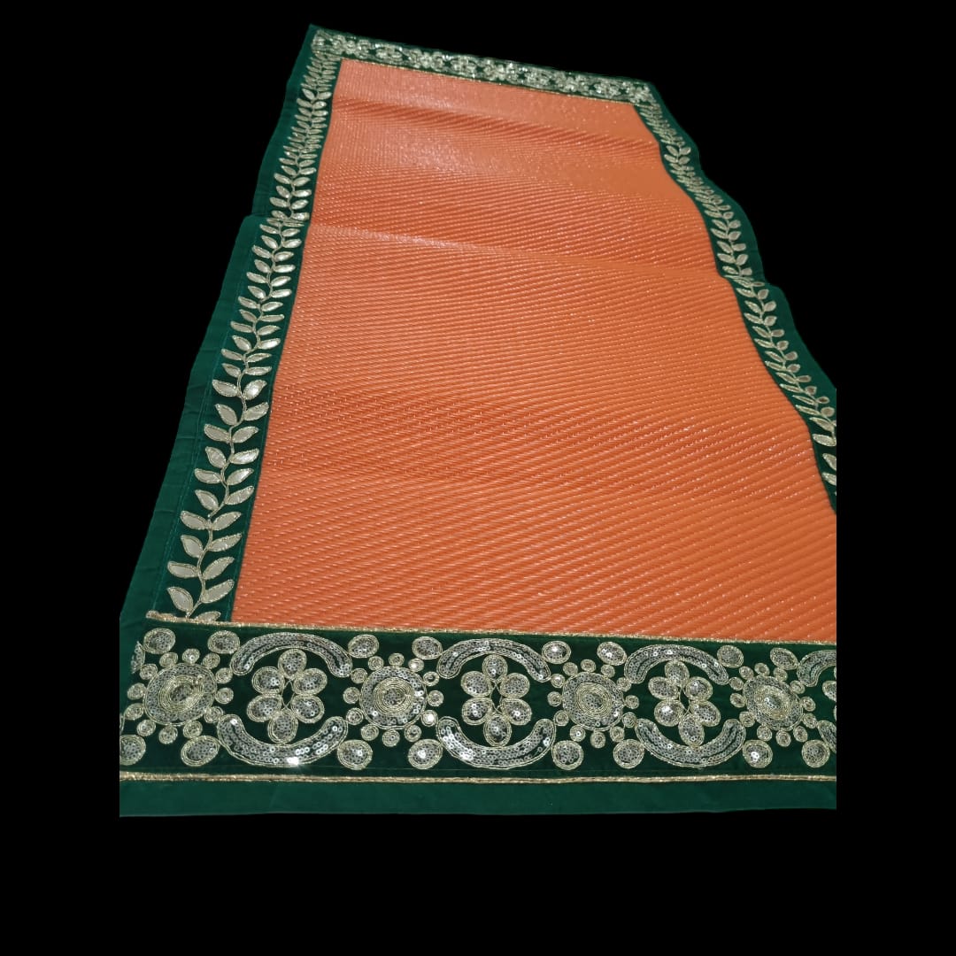 Orange Nylon Handmade Chatai/Mat with Green & Golden sequins work on the Trim/Lace 48x24 (in inch)