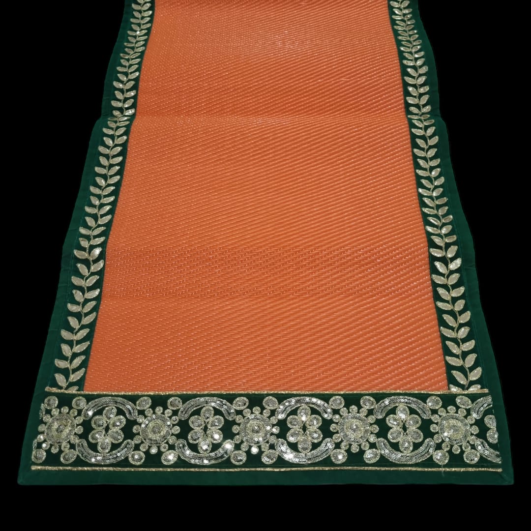 Orange Nylon Handmade Chatai/Mat with Green & Golden sequins work on the Trim/Lace 48x24 (in inch)