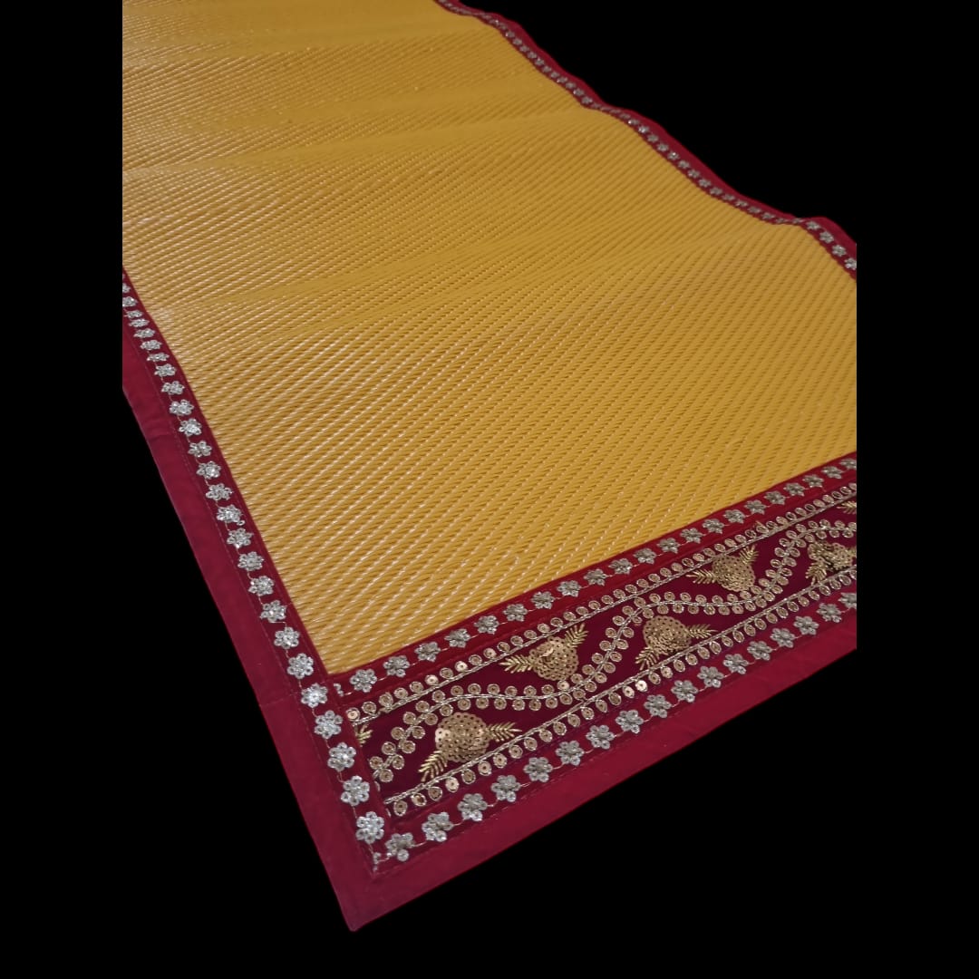 Yellow Nylon Handmade Chatai/Mat with Red & Golden sequins work on the Trim/Lace 24x24 (in inch)