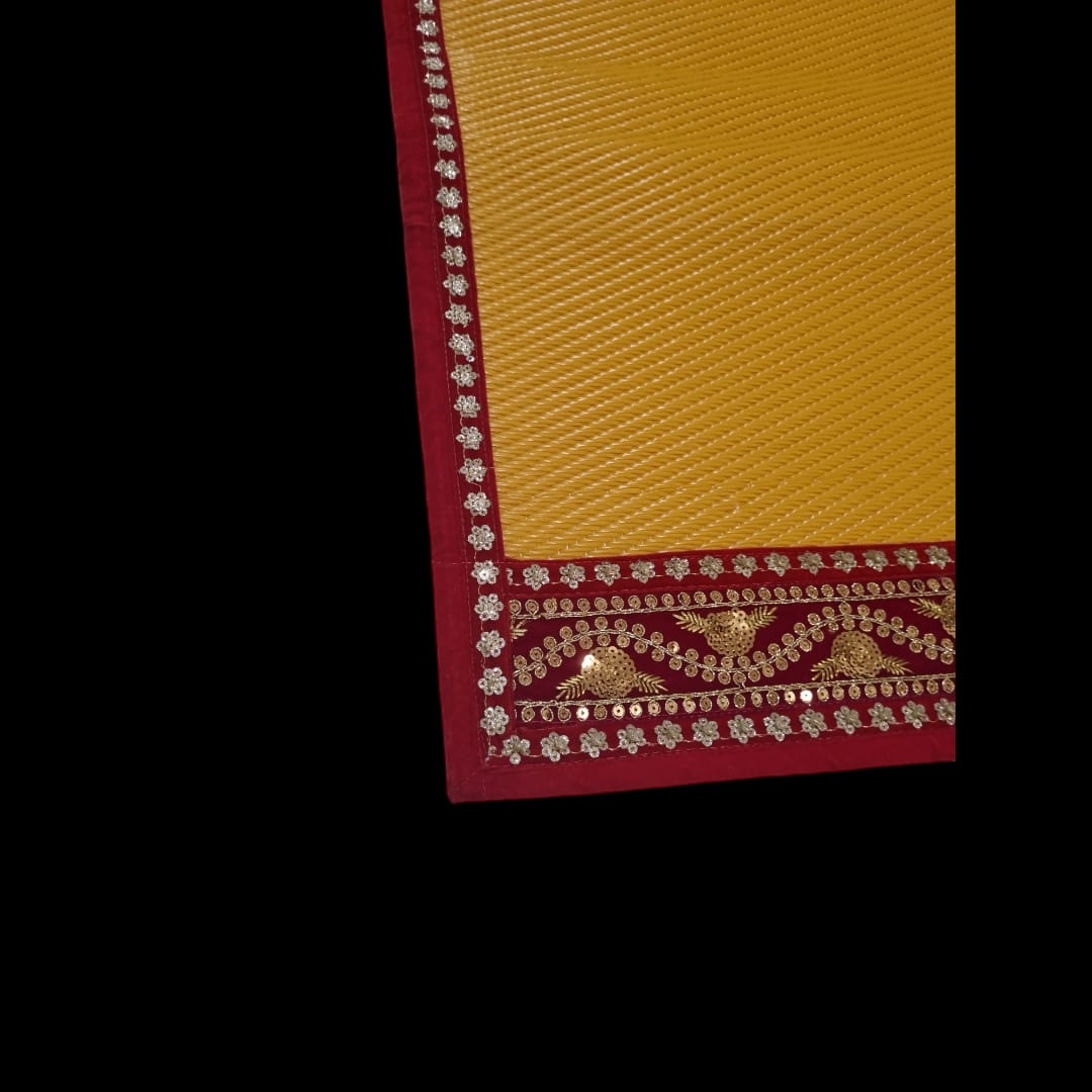 Yellow Nylon Handmade Chatai/Mat with Red & Golden sequins work on the Trim/Lace 24x24 (in inch)