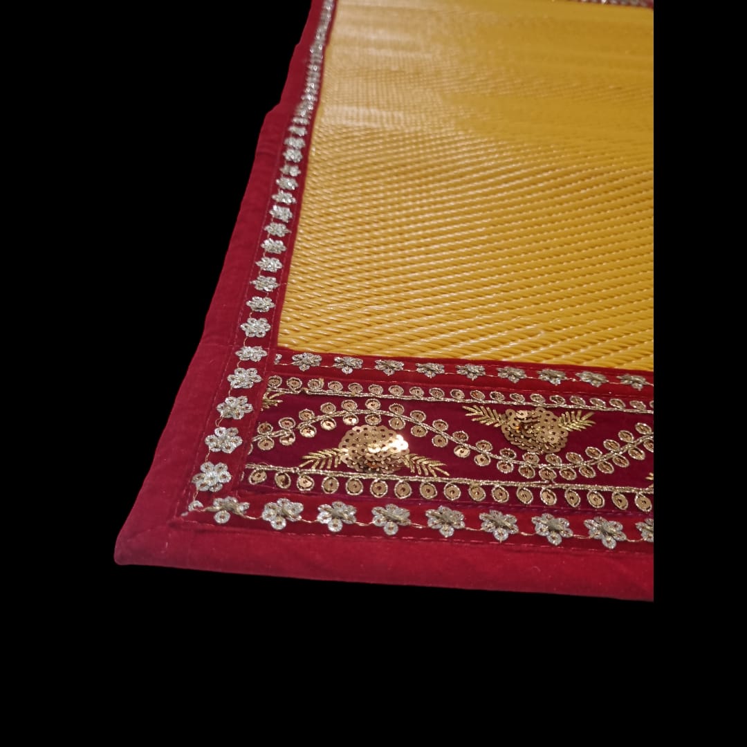 Yellow Nylon Handmade Chatai/Mat with Red & Golden sequins work on the Trim/Lace 24x24 (in inch)