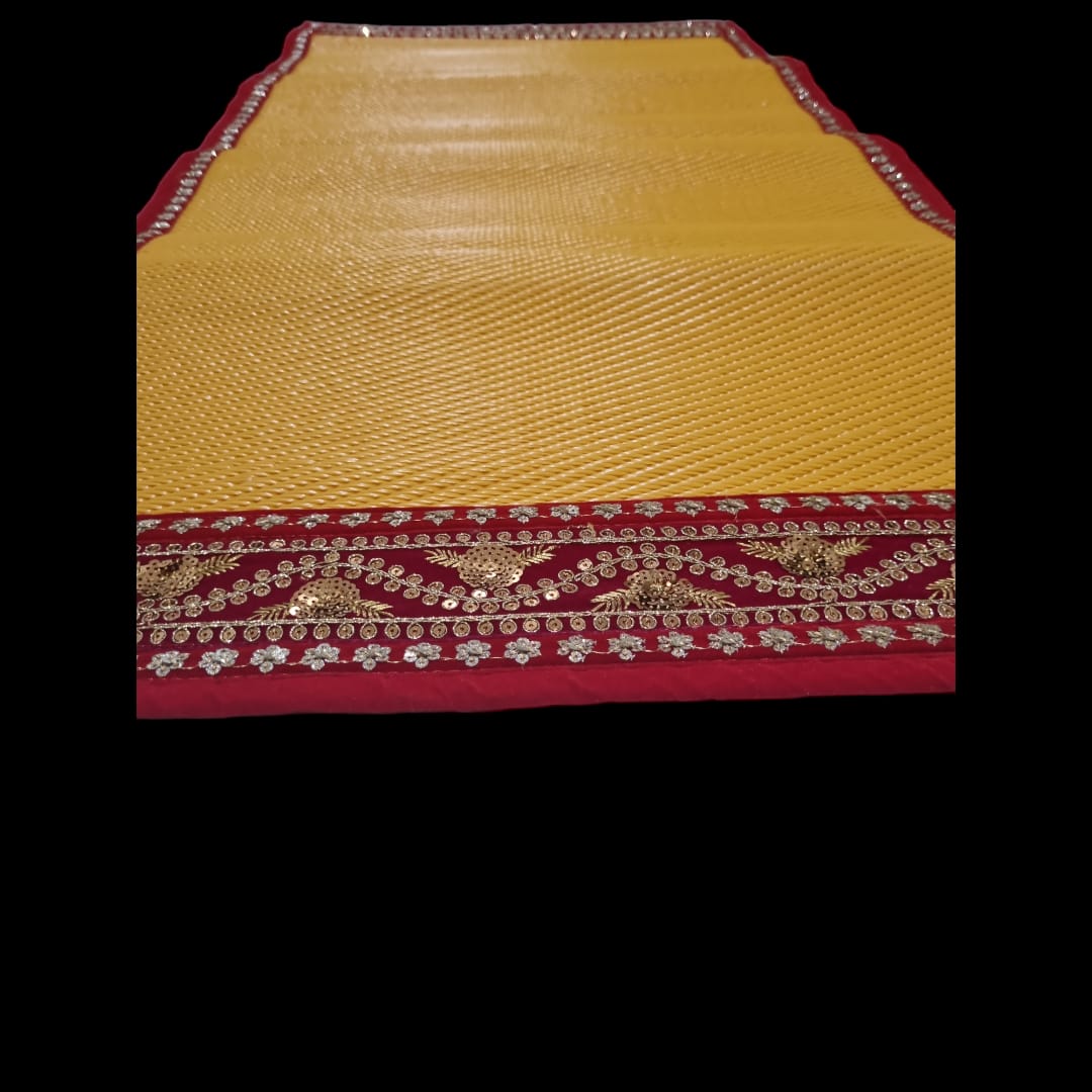 Yellow Nylon Handmade Chatai/Mat with Red & Golden sequins work on the Trim/Lace 24x24 (in inch)