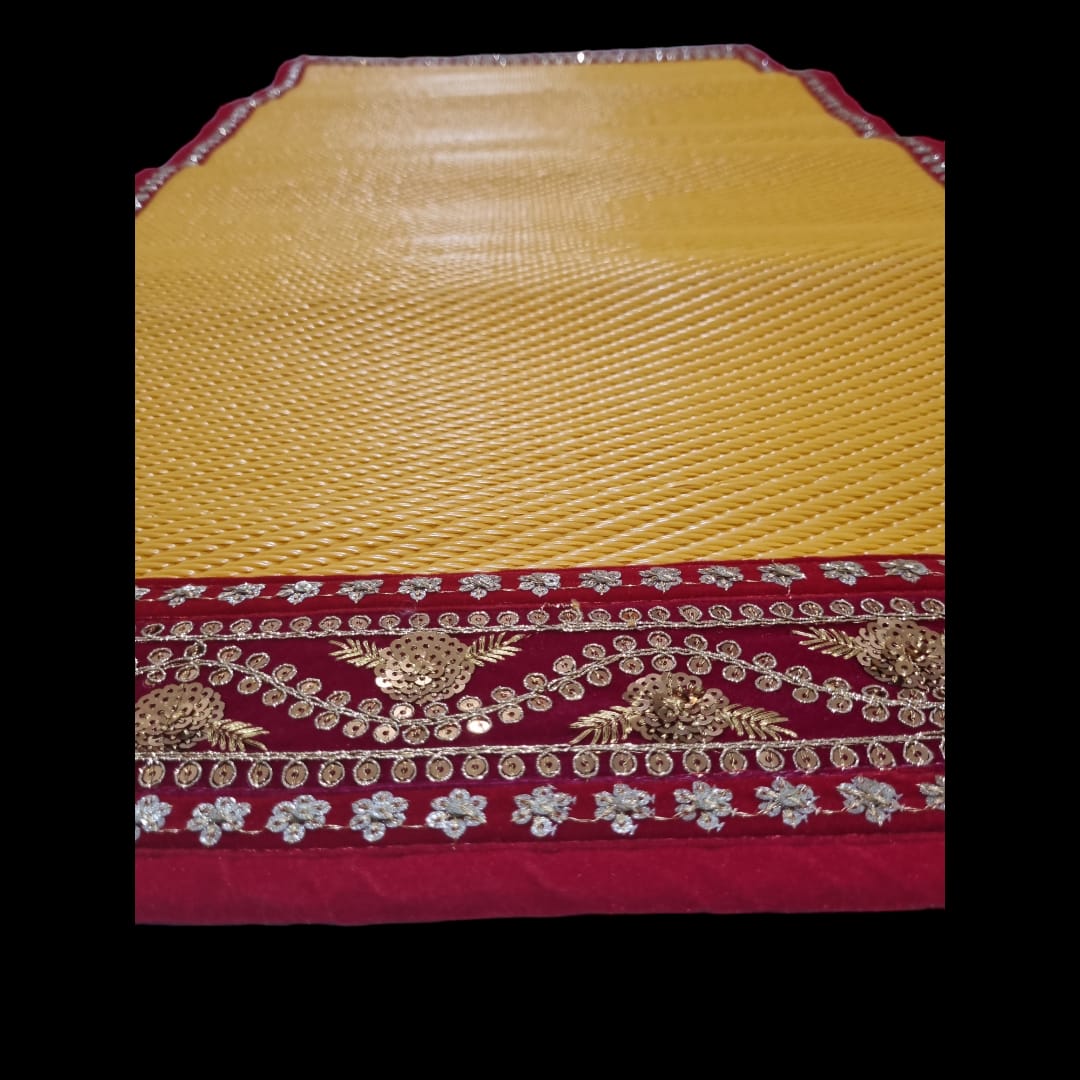 Yellow Nylon Handmade Chatai/Mat with Red & Golden sequins work on the Trim/Lace 24x24 (in inch)