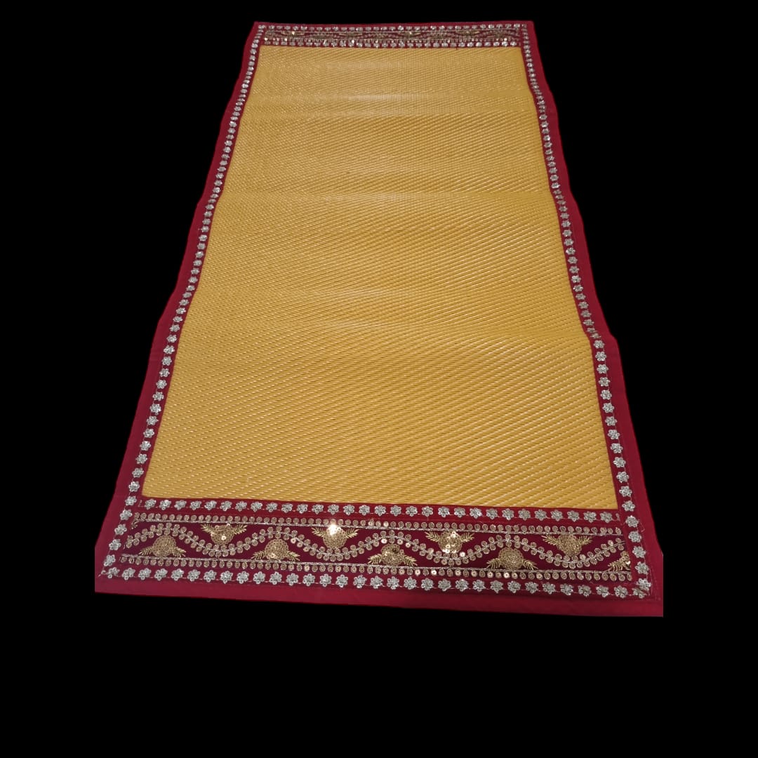 Yellow Nylon Handmade Chatai/Mat with Red & Golden sequins work on the Trim/Lace 24x24 (in inch)