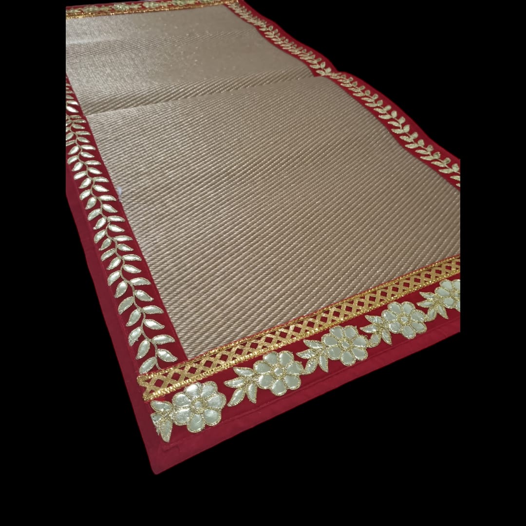 Golden Nylon Handmade Chatai/Mat with Red & Golden sequins work on the Trim/Lace 48x24 (in inch)