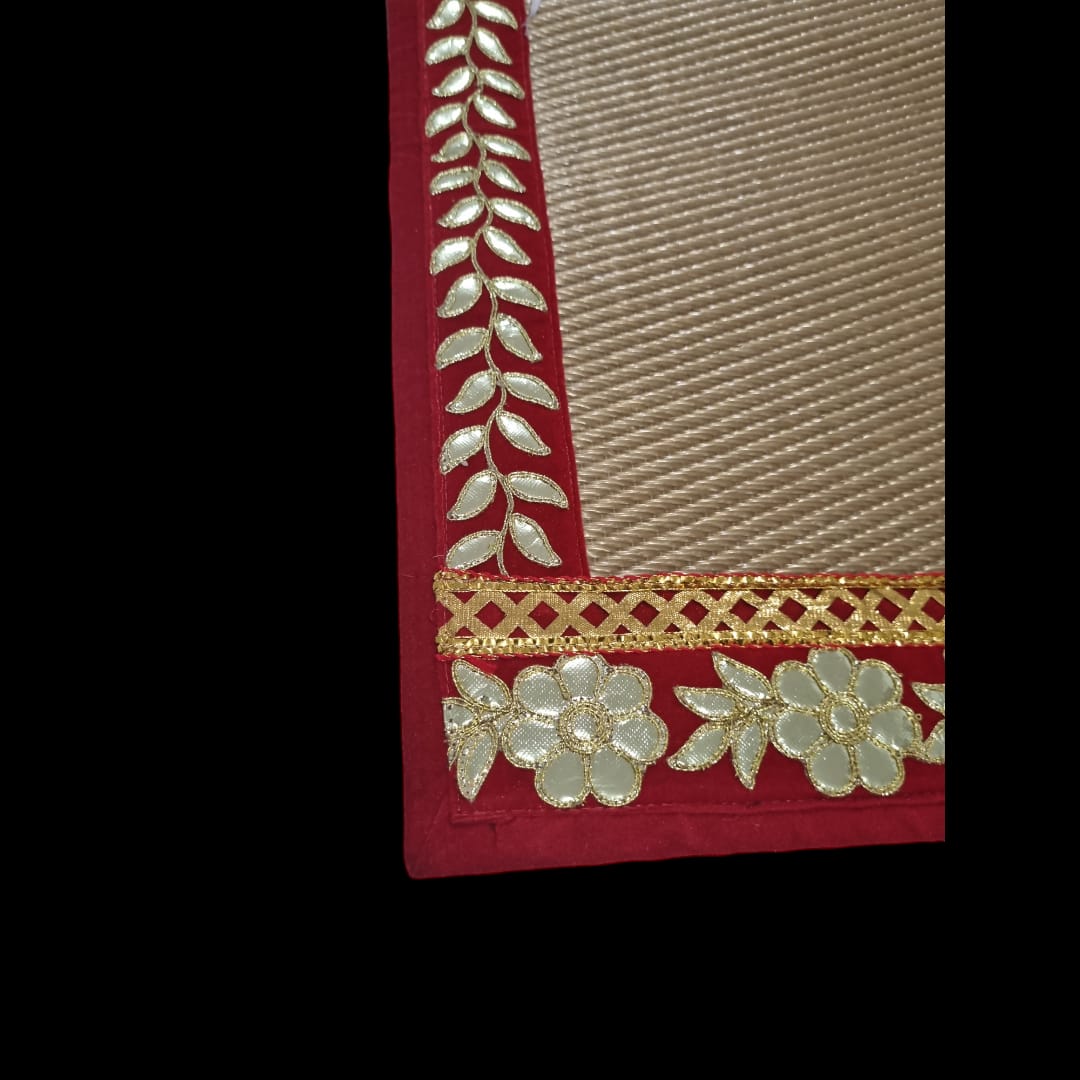 Golden Nylon Handmade Chatai/Mat with Red & Golden sequins work on the Trim/Lace 48x24 (in inch)