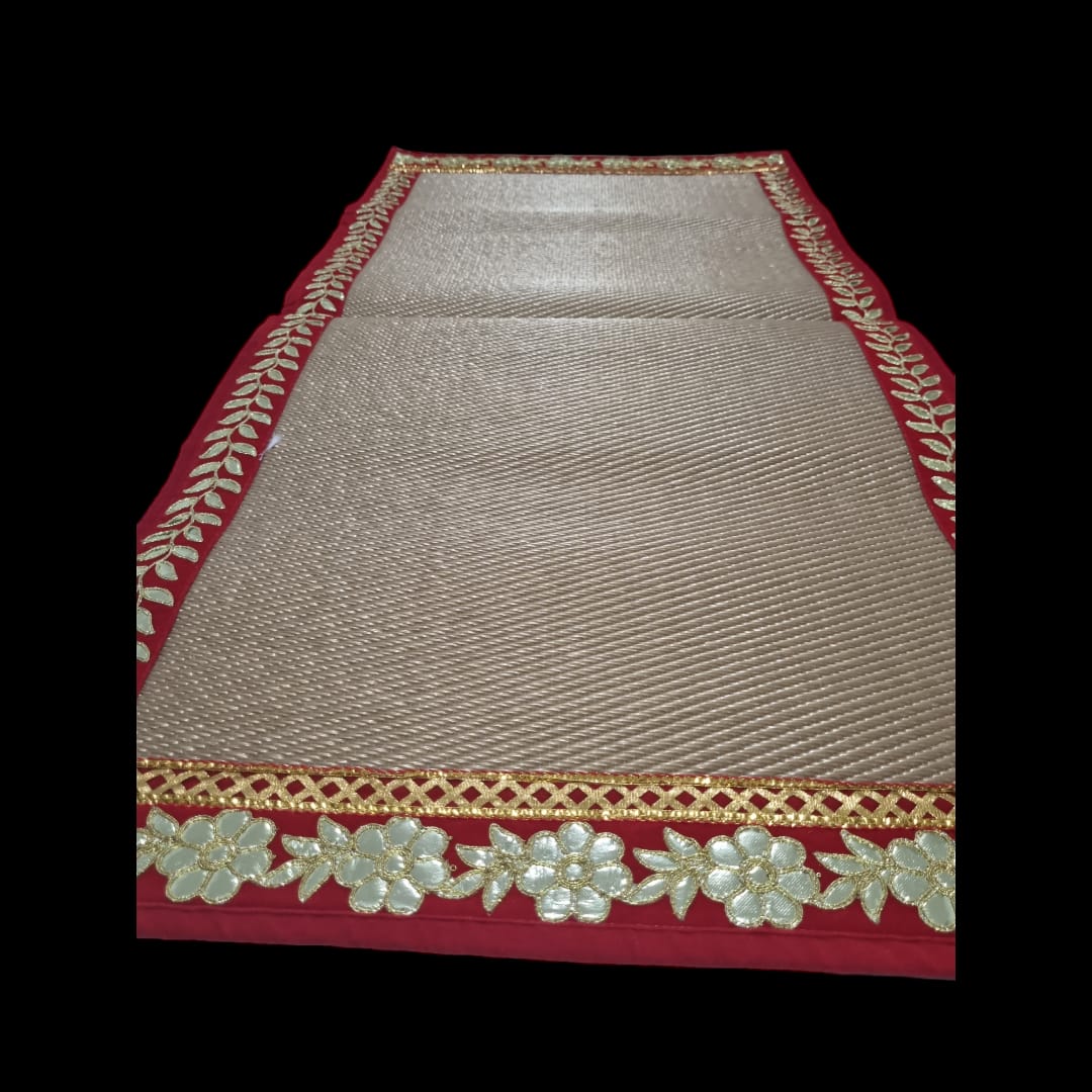 Golden Nylon Handmade Chatai/Mat with Red & Golden sequins work on the Trim/Lace 48x24 (in inch)