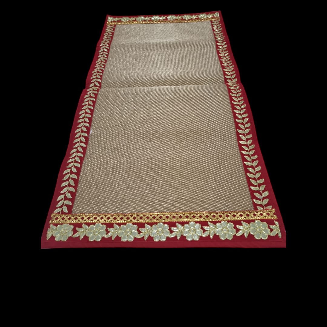 Golden Nylon Handmade Chatai/Mat with Red & Golden sequins work on the Trim/Lace 48x24 (in inch)