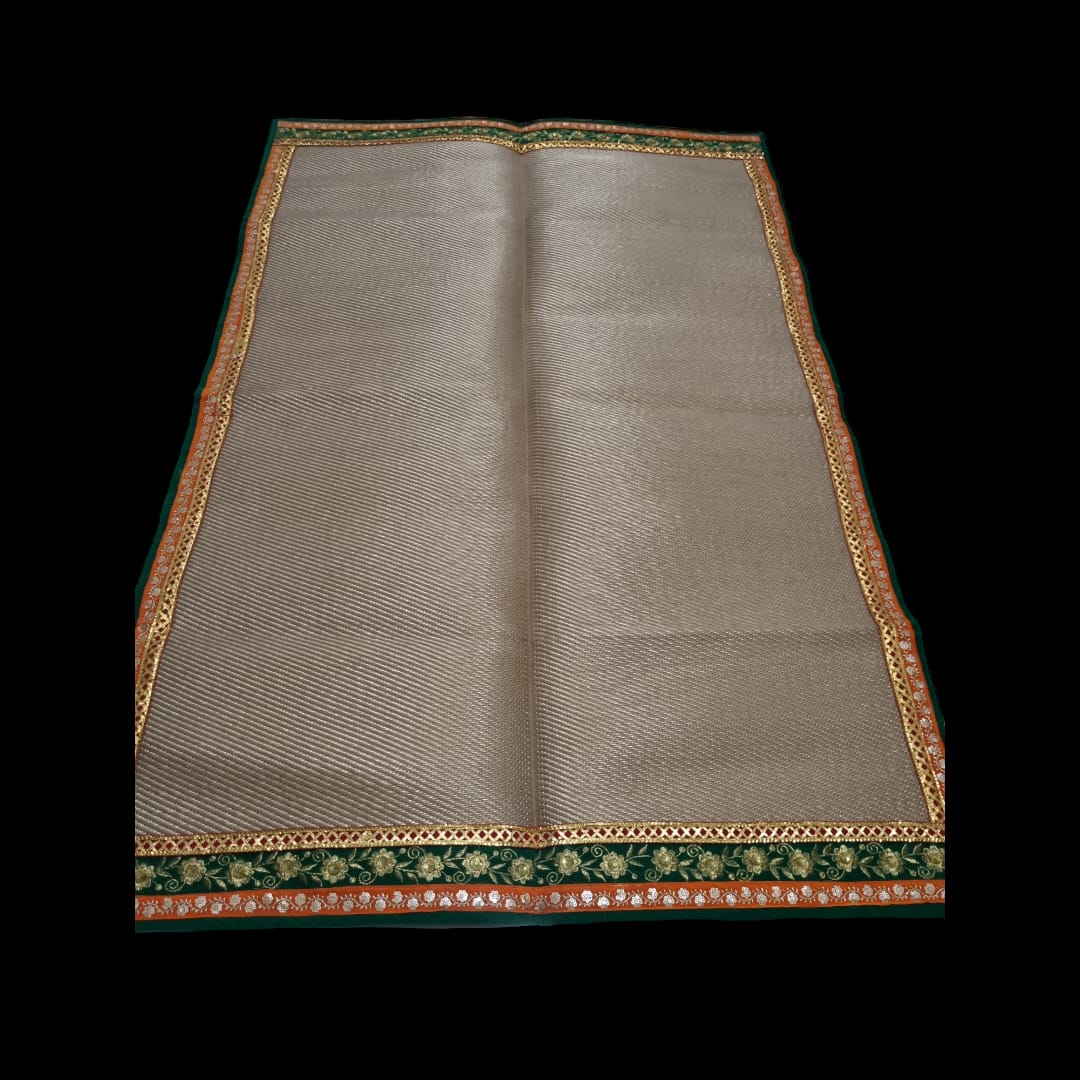 Golden Nylon Handmade Chatai/Mat with Green, Orange, Red & Golden sequins work on the Trim/Lace 72x48 (in inch)