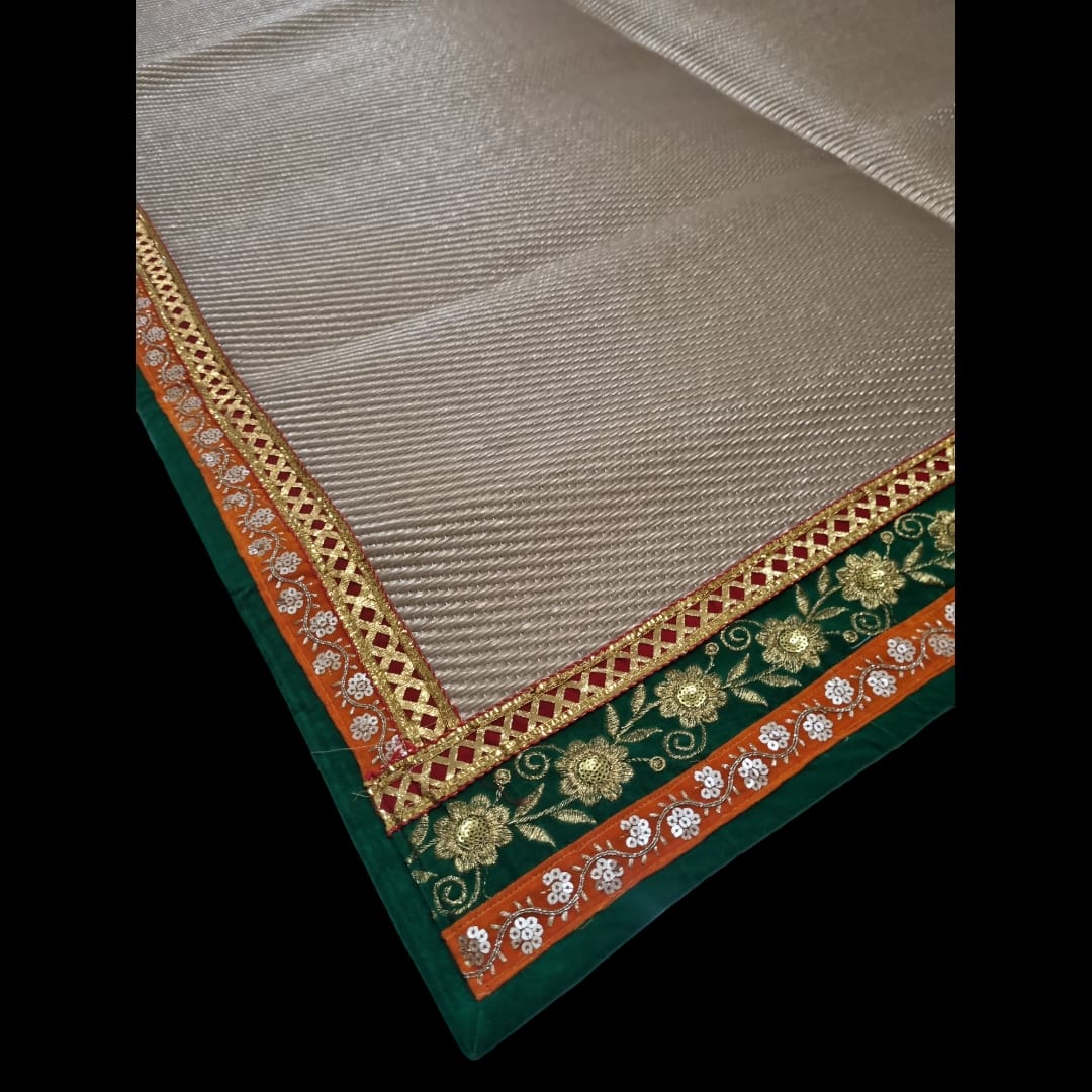 Golden Nylon Handmade Chatai/Mat with Green, Orange, Red & Golden sequins work on the Trim/Lace 72x48 (in inch)