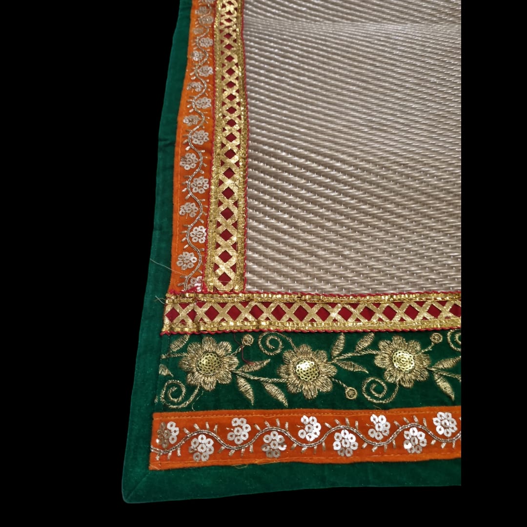 Golden Nylon Handmade Chatai/Mat with Green, Orange, Red & Golden sequins work on the Trim/Lace 72x48 (in inch)