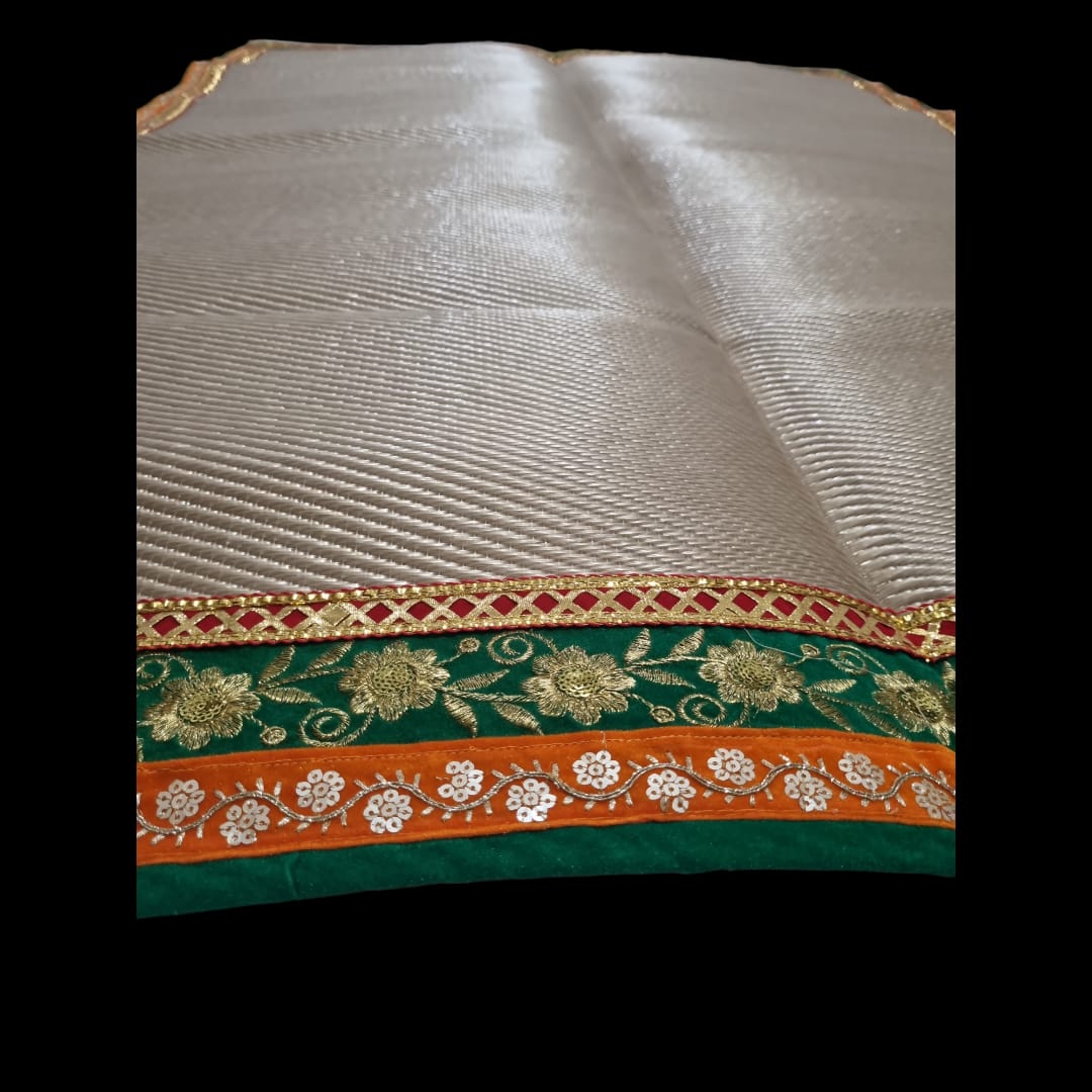 Golden Nylon Handmade Chatai/Mat with Green, Orange, Red & Golden sequins work on the Trim/Lace 72x48 (in inch)