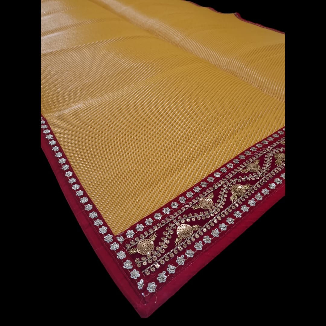 Yellow Nylon Handmade Chatai/Mat with Red & Golden sequins work on the Trim/Lace 72x48 (in inch)