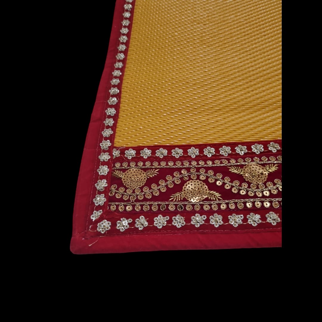 Yellow Nylon Handmade Chatai/Mat with Red & Golden sequins work on the Trim/Lace 72x48 (in inch)