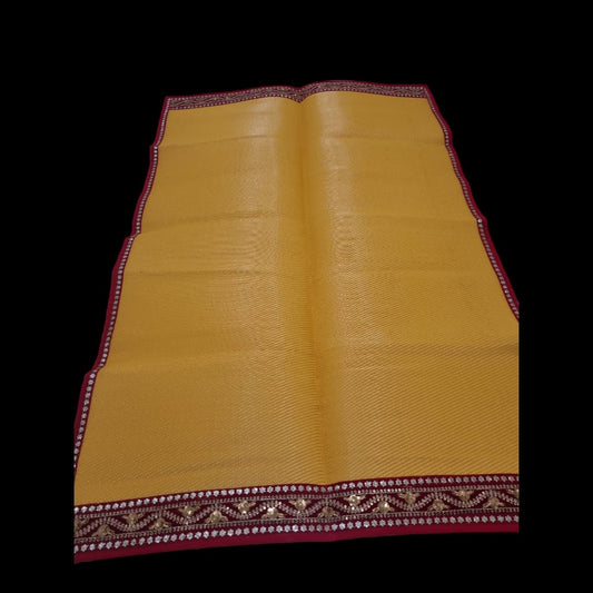 Yellow Nylon Handmade Chatai/Mat with Red & Golden sequins work on the Trim/Lace 72x48 (in inch)