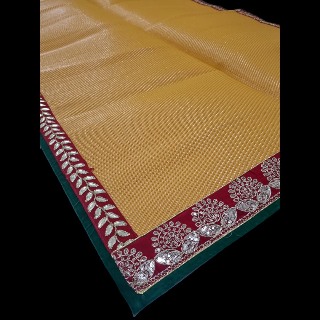 Yellow Nylon Handmade Chatai/Mat with Green, Red & Golden sequins work on the Trim/Lace 72x48 (in inch)