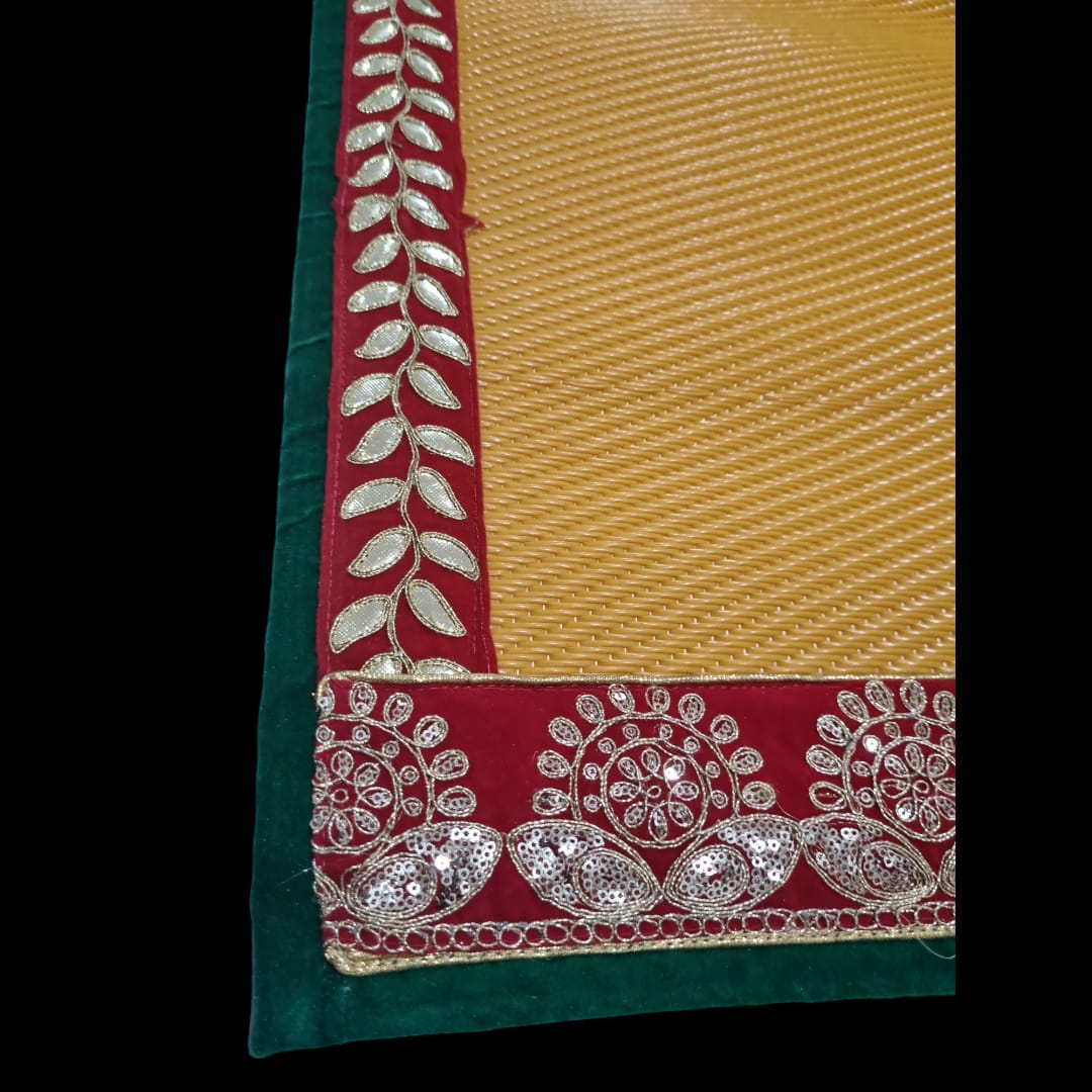 Yellow Nylon Handmade Chatai/Mat with Green, Red & Golden sequins work on the Trim/Lace 72x48 (in inch)