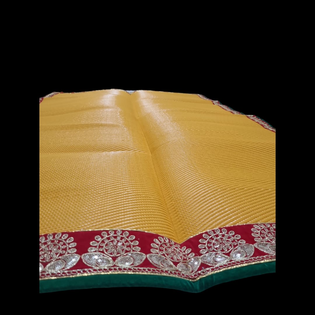 Yellow Nylon Handmade Chatai/Mat with Green, Red & Golden sequins work on the Trim/Lace 72x48 (in inch)