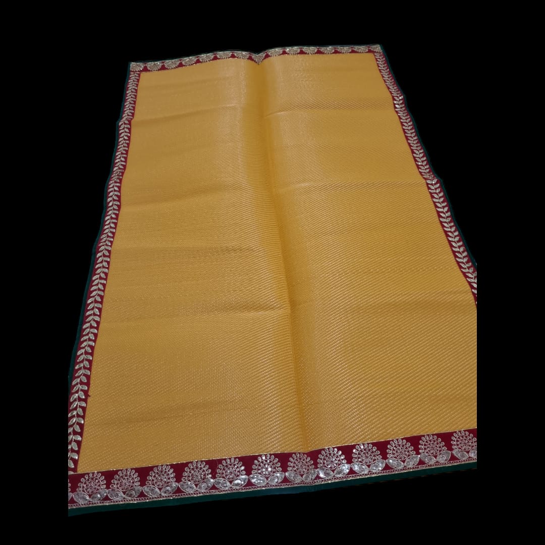 Yellow Nylon Handmade Chatai/Mat with Green, Red & Golden sequins work on the Trim/Lace 72x48 (in inch)