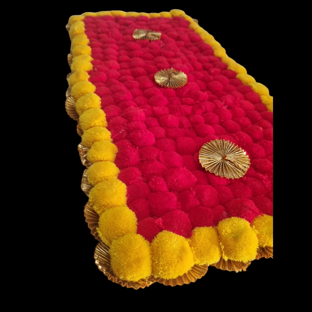 Red With Yellow Designer Pom Pom Mat 11x21 (in Inch)